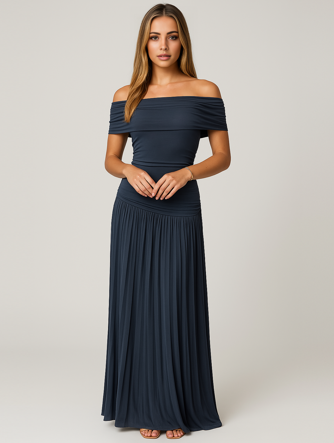 Opal | Women's Off Shoulder Pleated Maxi Dress Cream