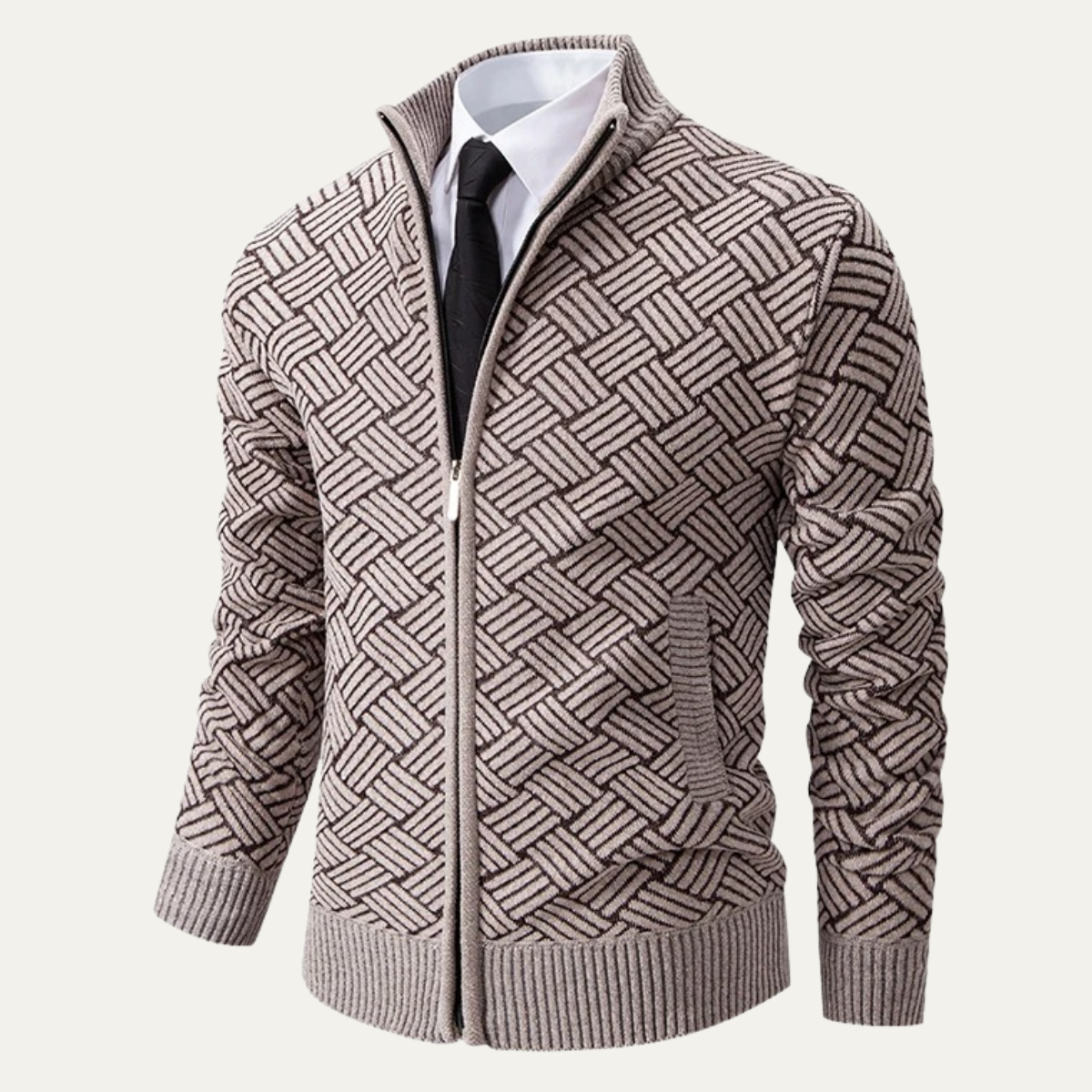 Sage | Men's Diamond Pattern Cardigan Black Zip Up