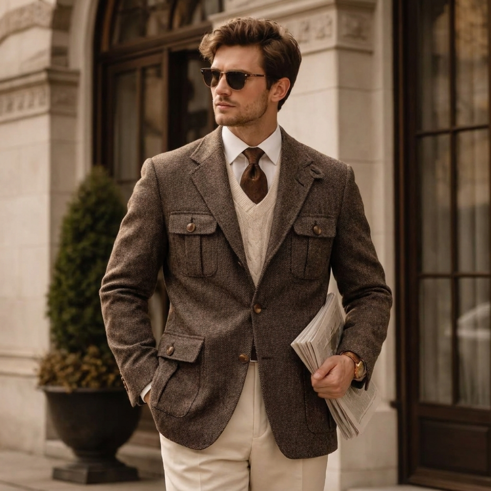 Sage | Men's Herringbone Tweed Blazer with Elbow Patches