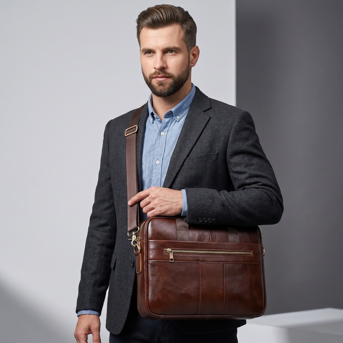 Dama Washington Rouen leather business shoulder bag coffee - front view