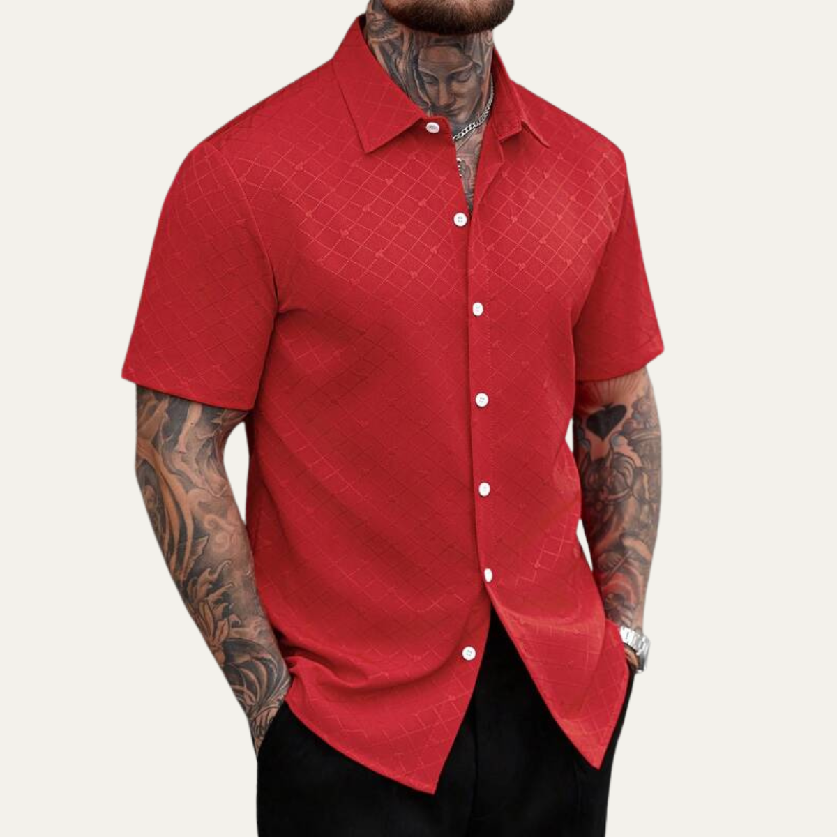Ash | Men's Casual Textured Button Up Shirt Pink Short Sleeve
