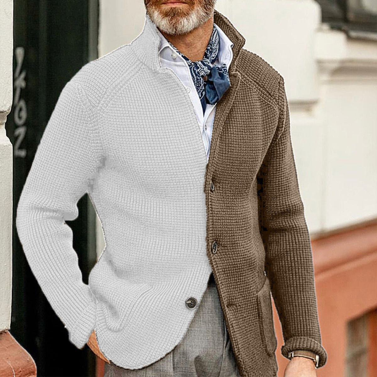 Beau | Men's Cardigan Beige And Black Waffle Knit Button Up