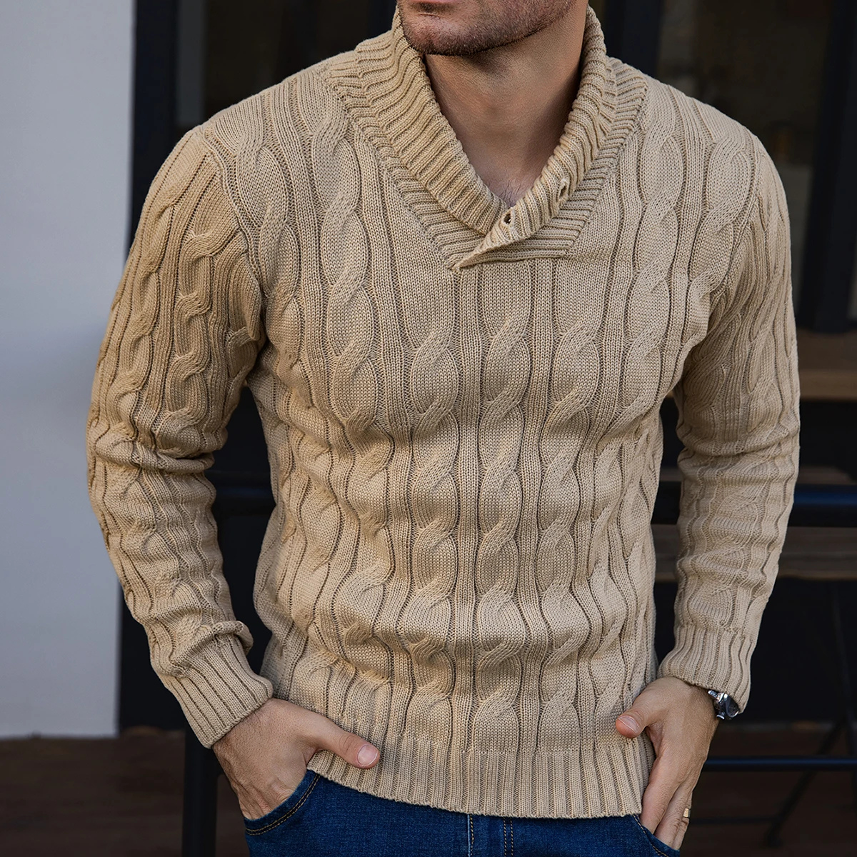 Rowan | Men's Cable Knit Shawl Collar Sweater Cream Button Neck