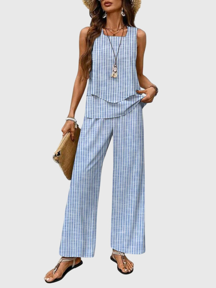 Mia | Women's Two Piece Set Light Blue Floral Palazzo Pants Tank Top