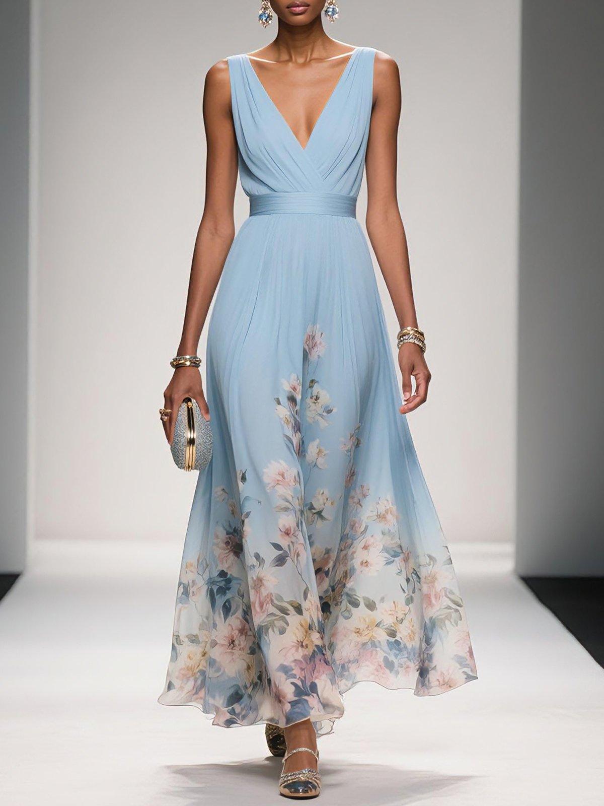 Thea | Women's Floral Chiffon Maxi Dress Light Blue V Neck