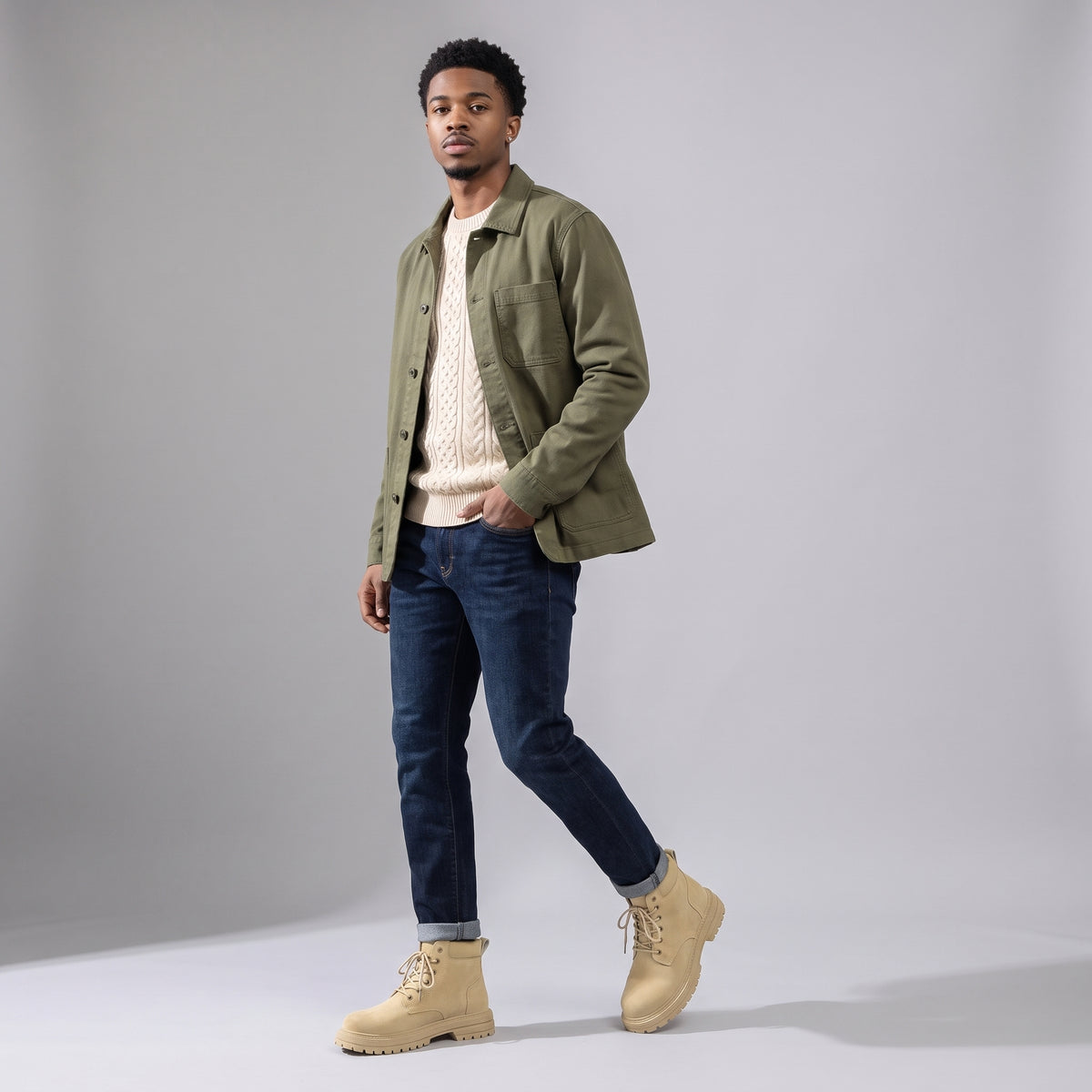 Dama Washington Axel men's lace up suede ankle boots cream lug sole - full outfit model view