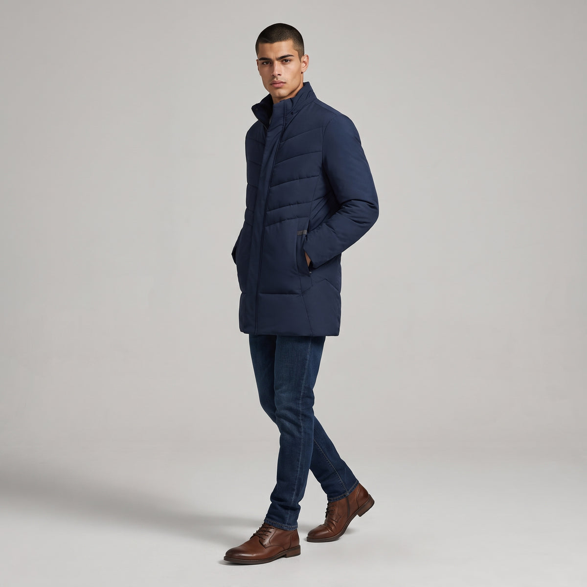 Dama Washington Jasper men's puffer jacket navy long length quilted - full outfit model view