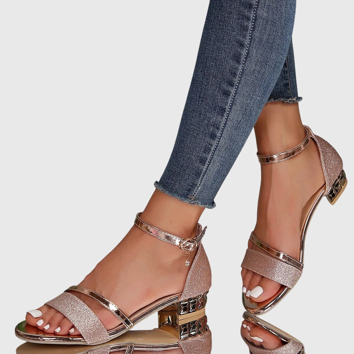 Ayla | Women's Black Glitter Ankle Strap Heeled Sandals Gold