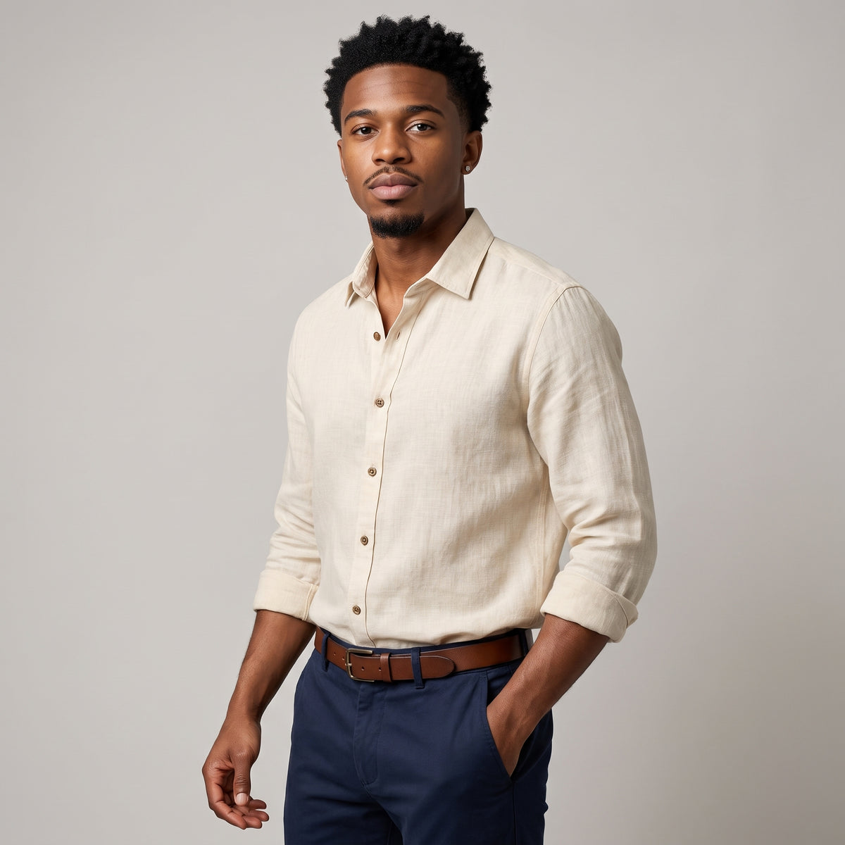 Dama Washington Sage men's linen shirt cream long sleeve button up - model front view