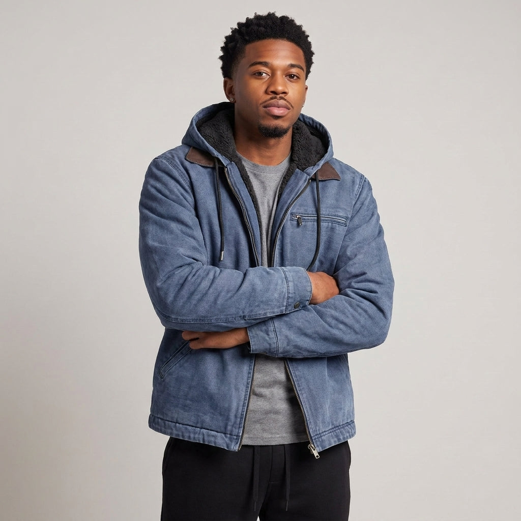 Dama Washington Magnus fleece lined hooded windbreaker jacket Navy Blue - model front view