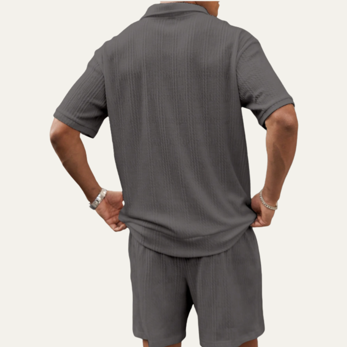 Beau | Men's Sweatsuit Cream Ribbed Knit Polo Shorts Set