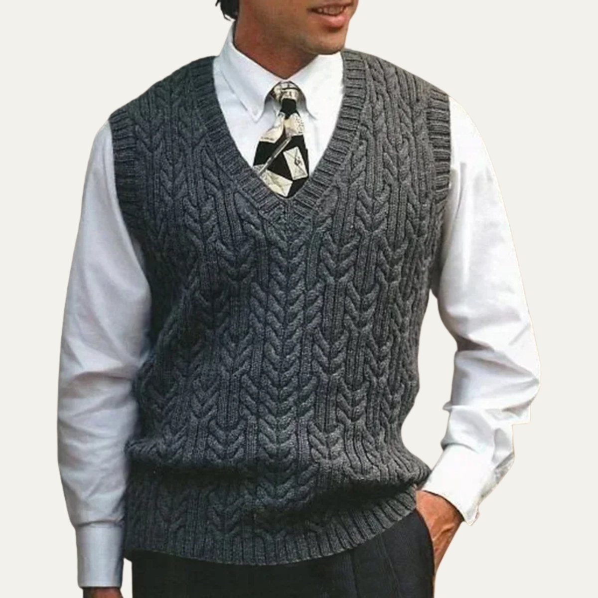 Axel | Men's Cable Knit Sweater Vest Charcoal V Neck