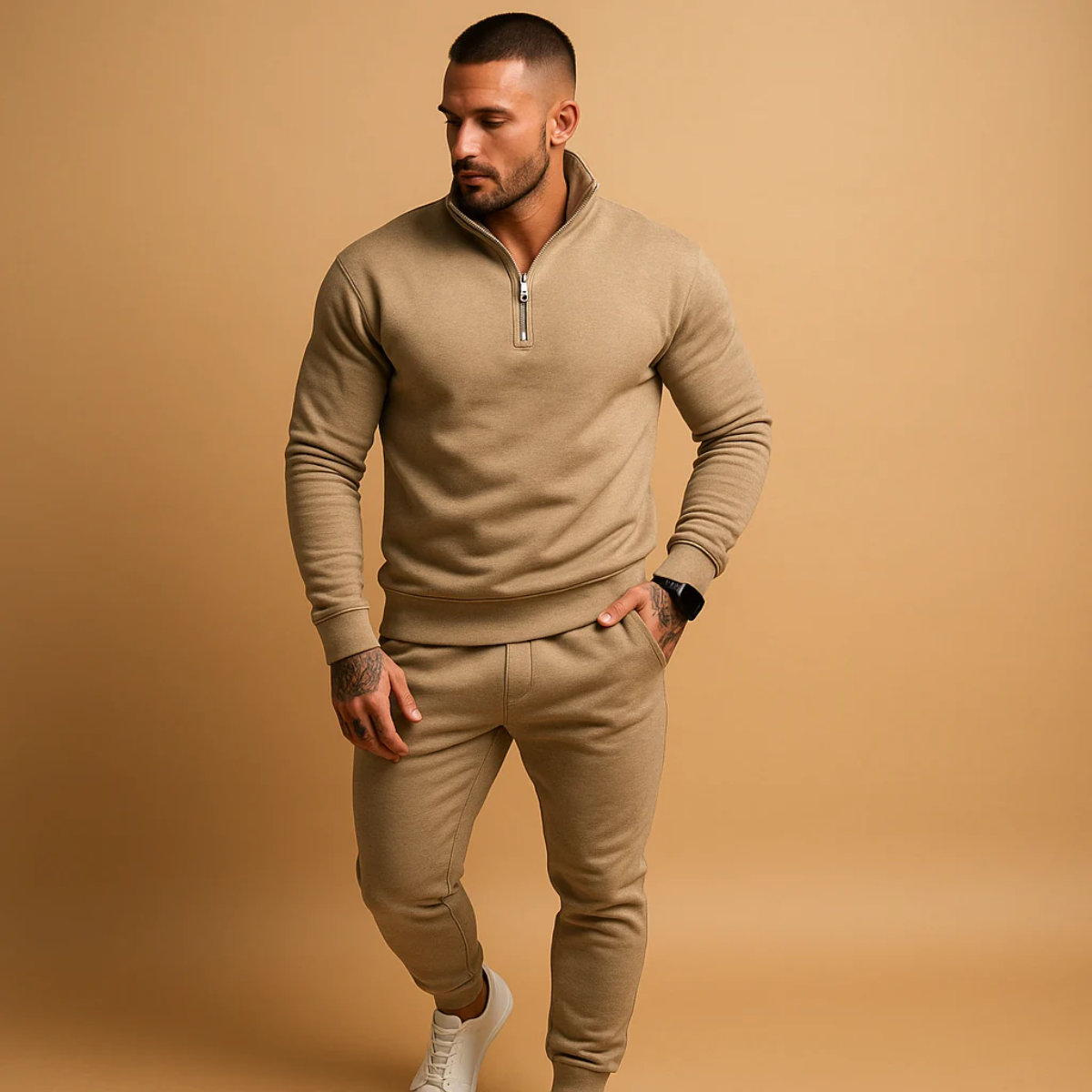 Lars | Men's Sweatsuit Beige Quarter Zip Hoodie Joggers Set
