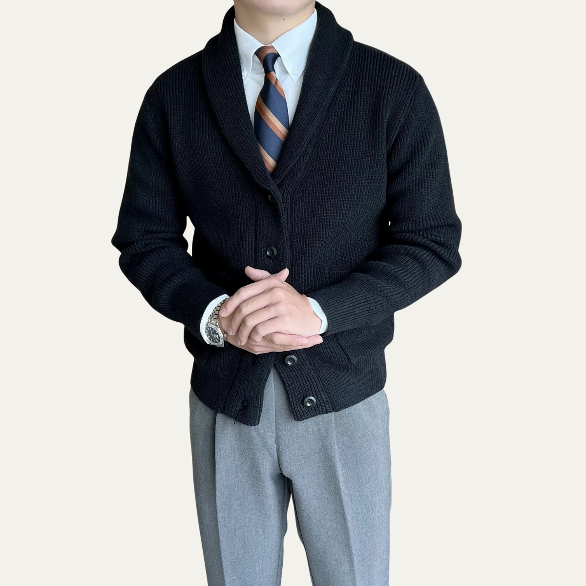 Beau | Men's Shawl Collar Knit Cardigan Black Ribbed