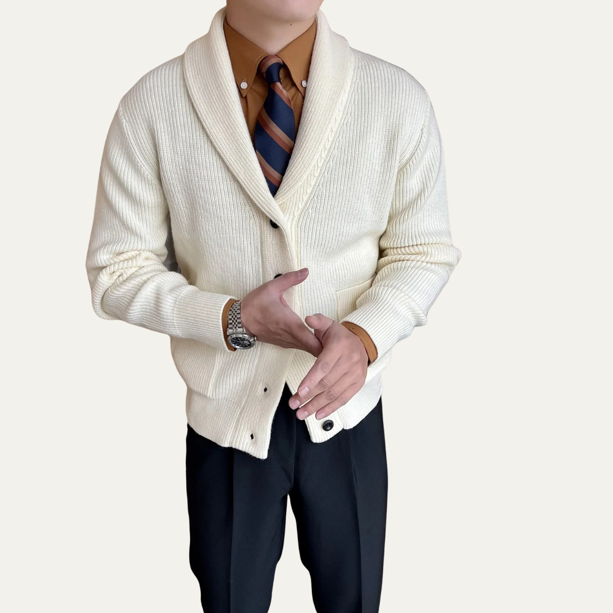Beau | Men's Shawl Collar Knit Cardigan Black Ribbed