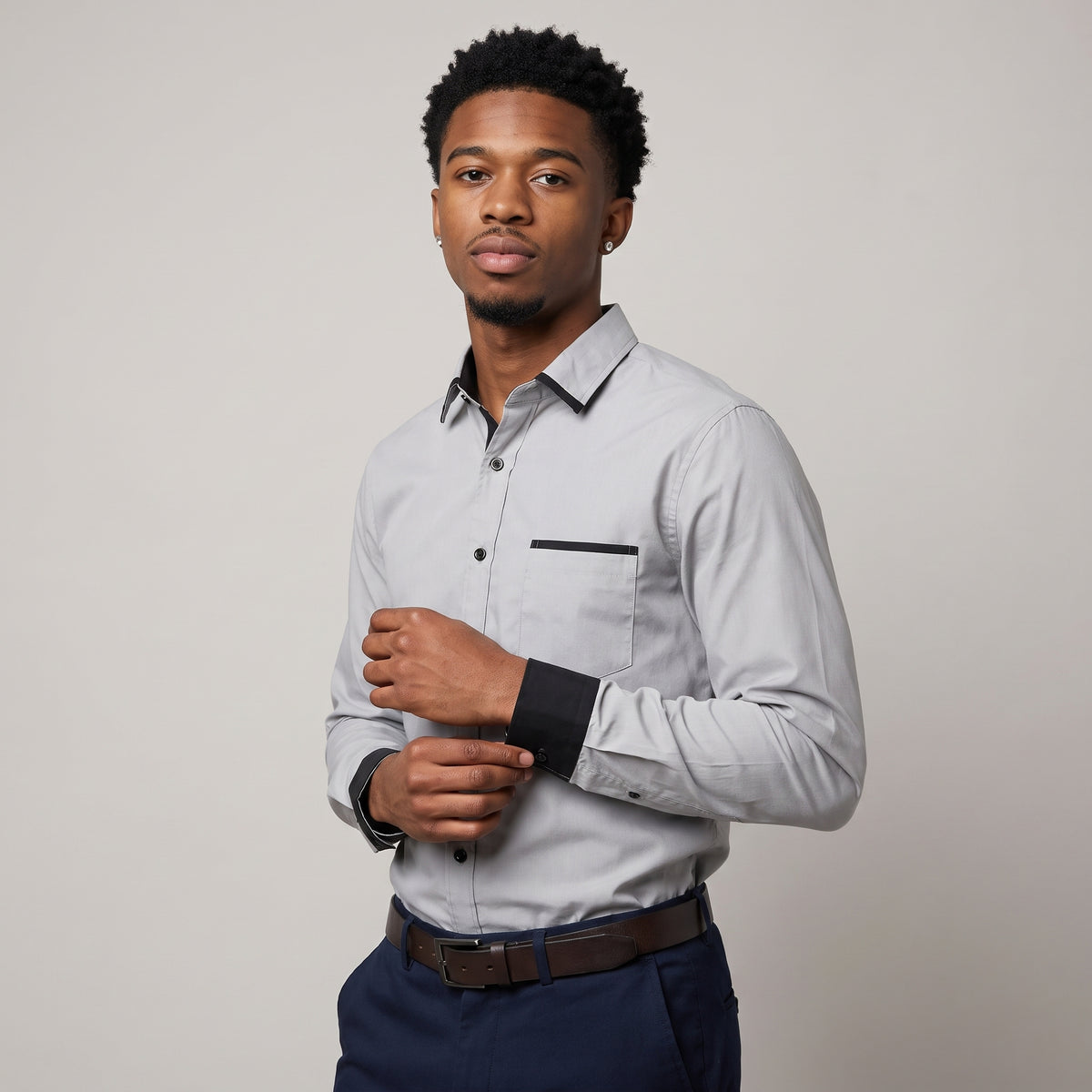Dama Washington Rhys men's smart casual button up shirt light gray - model front view