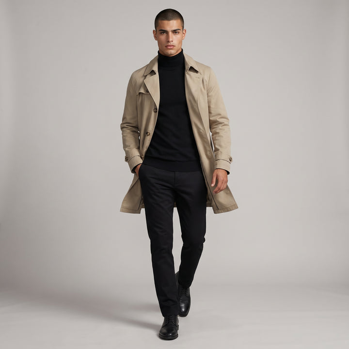 Dama Washington Voss men's trench coat beige single breasted notched collar - full outfit model view
