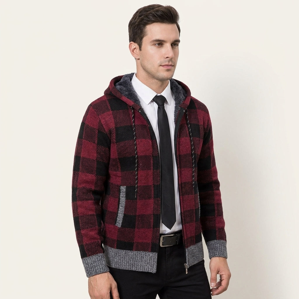 Dama Washington Callum plaid zip up hoodie Wine Red - model front view