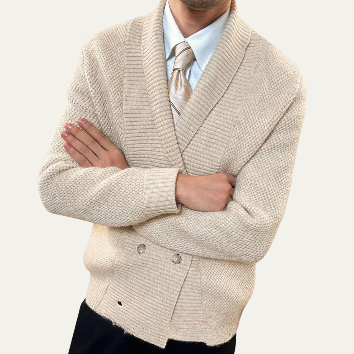 Beau | Men's Double Breasted Cardigan Cream Chunky Knit Shawl Collar
