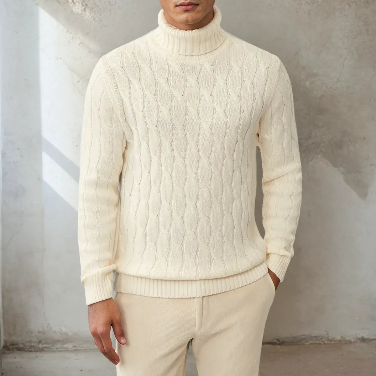 Bram | Men's Cable Knit Turtleneck Sweater Cream
