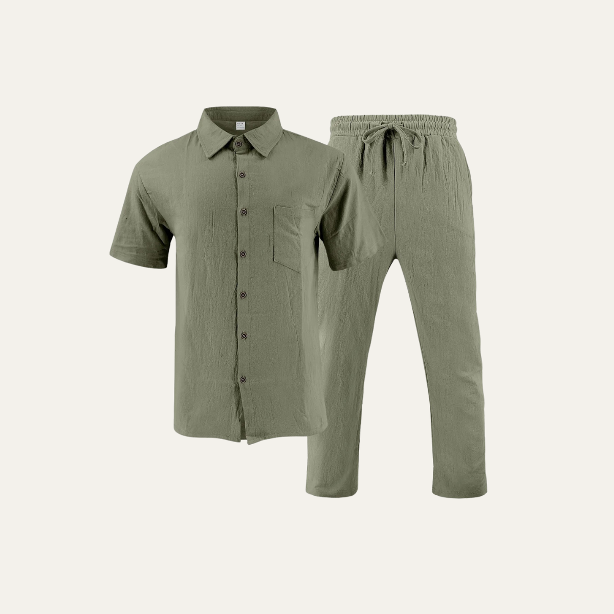 Odin | Men's Linen Set Cream Short Sleeve Shirt Drawstring Pants