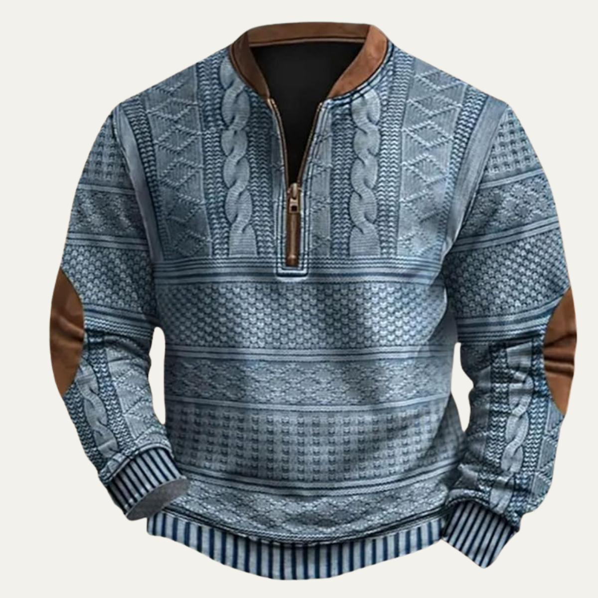 Beau | Men's Cable Knit Sweater Black Brown Elbow Patches Quarter Zip