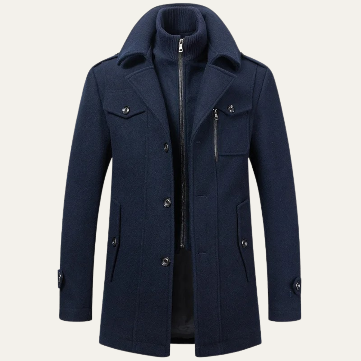 Voss | Men's Wool Blend Overcoat Black With Removable Collar