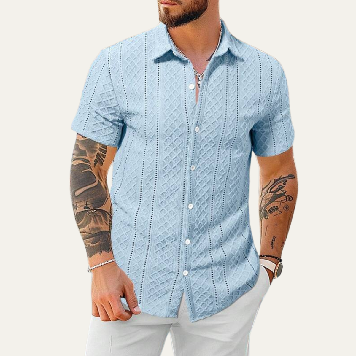 Axel | Men's White Button Up Shirt Textured Cable Knit Short Sleeve