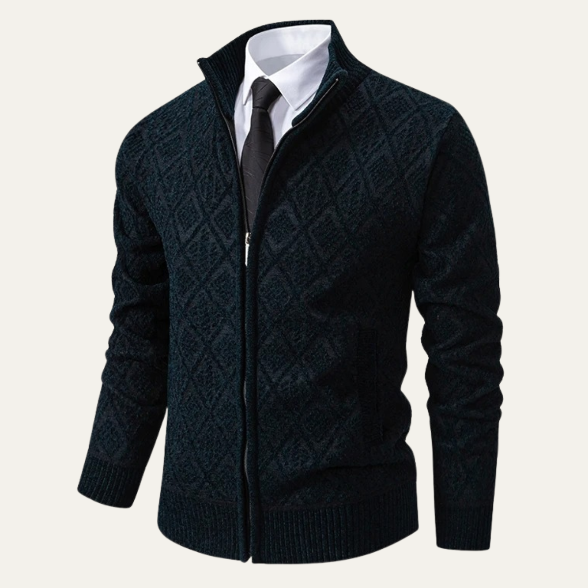 Sage | Men's Argyle Zip Up Cardigan Cream Diamond Knit