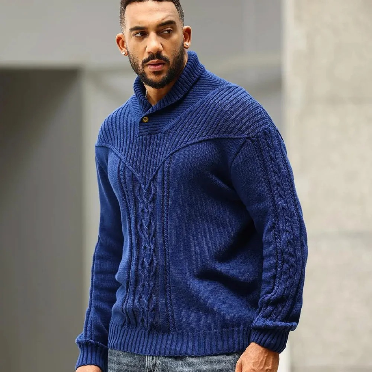 Soren | Men's Cable Knit Turtleneck Sweater Charcoal Button Neck