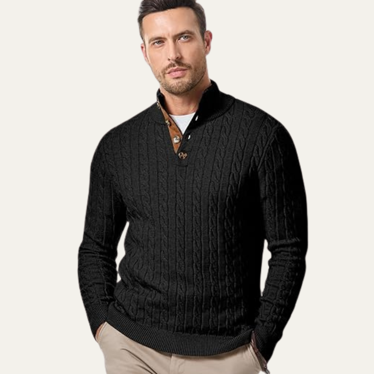 Bram | Men's Cable Knit Sweater Black Elbow Patch Quarter Zip