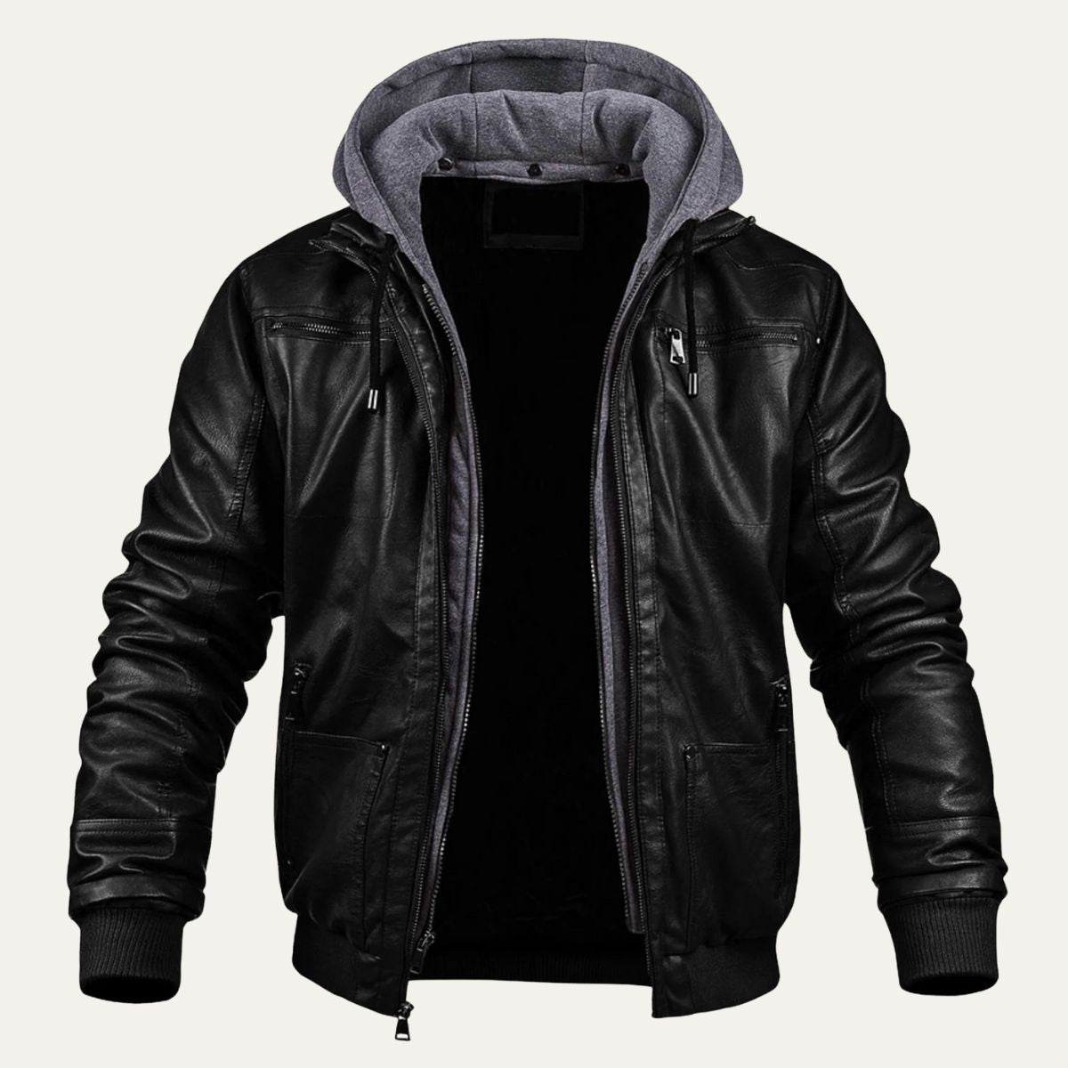 Voss | Men's Leather Jacket Black Hooded Bomber