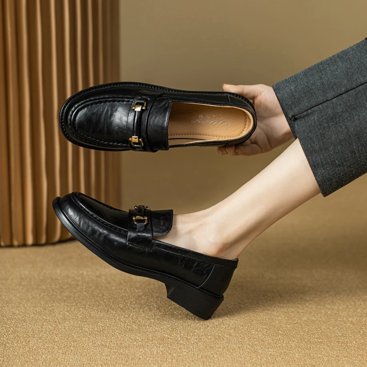 Axel | Men's Classic Slip On Leather Loafers Black Metal Buckle