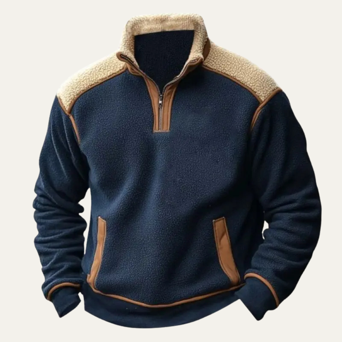 Beau | Men's Quarter Zip Sweater Navy Cream Sherpa Fleece Color Block