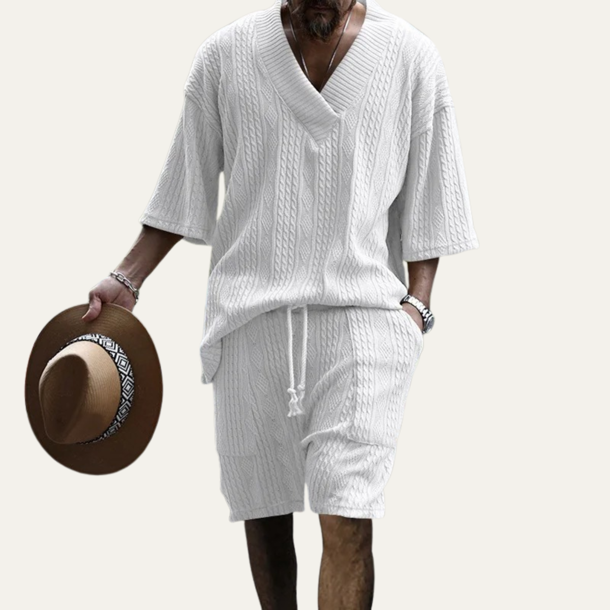 Callum | Men's Sweatsuit Cream Cable Knit V Neck Shorts Set