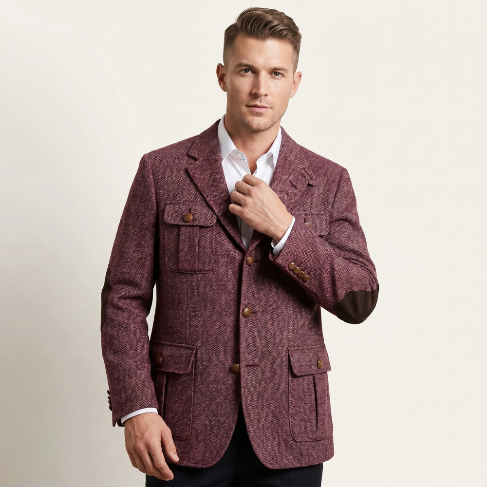 Sage | Men's Herringbone Tweed Blazer with Elbow Patches
