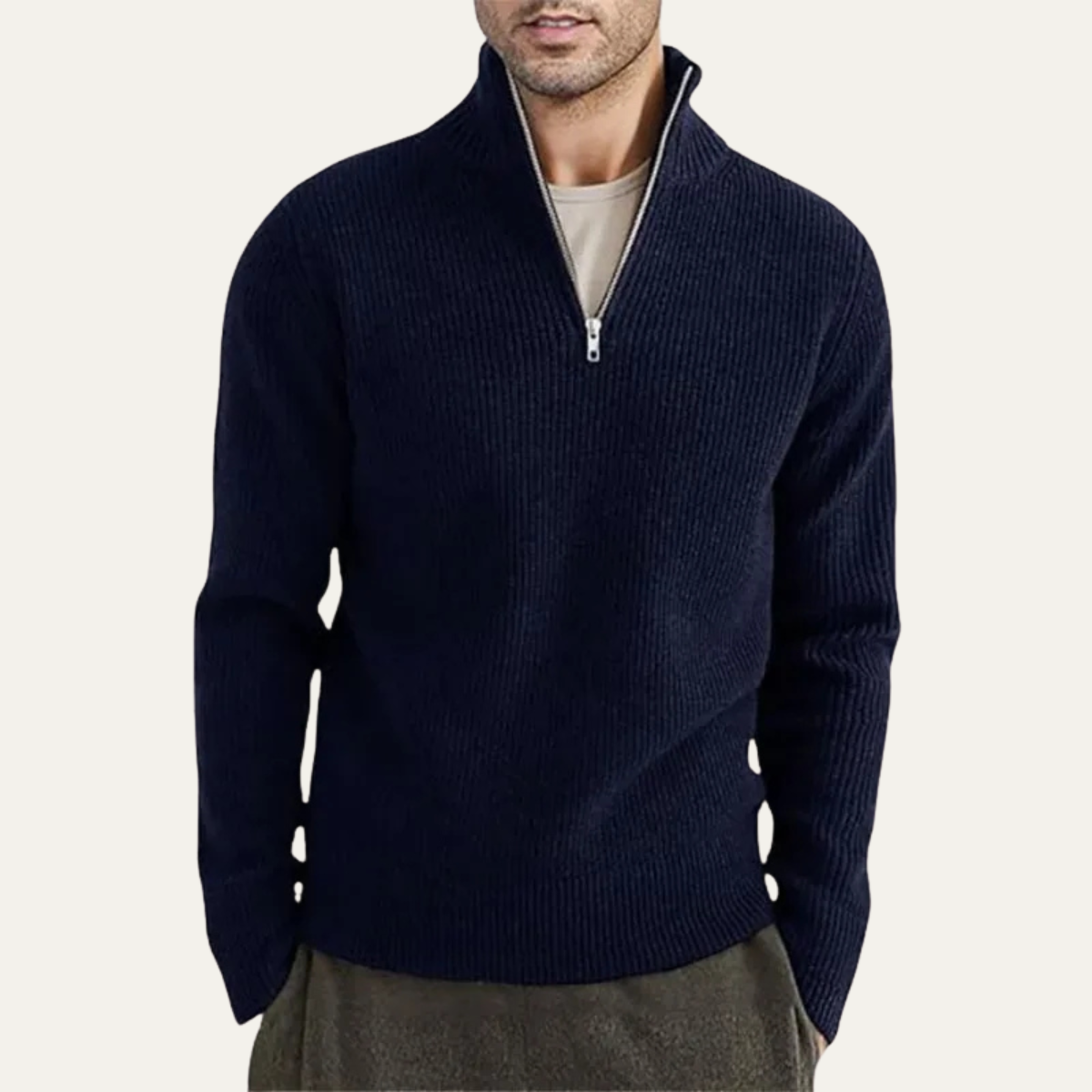 Rowan | Men's Ribbed Quarter Zip Sweater Brown Mock Neck