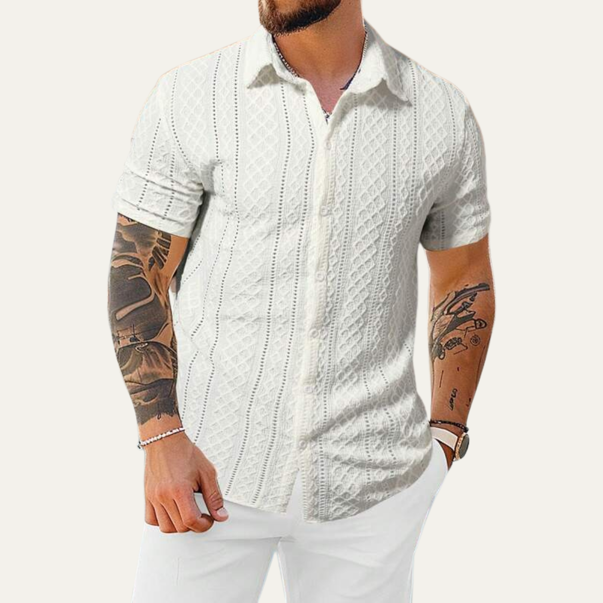 Ash | Men's Casual Textured Button Up Shirt Pink Short Sleeve