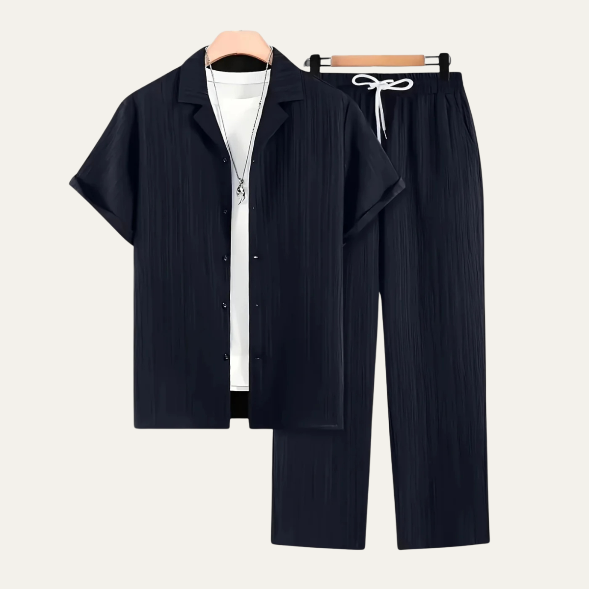 Axel | Men's Casual Pinstripe Linen Set Navy Short Sleeve