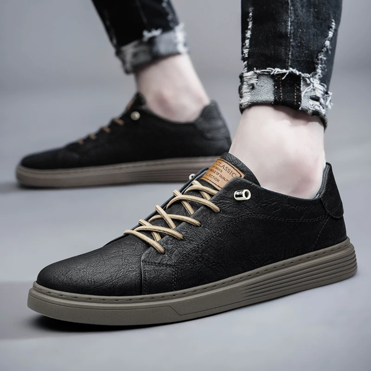 Kai | Men's Casual Leather Sneaker Black Cream Sole