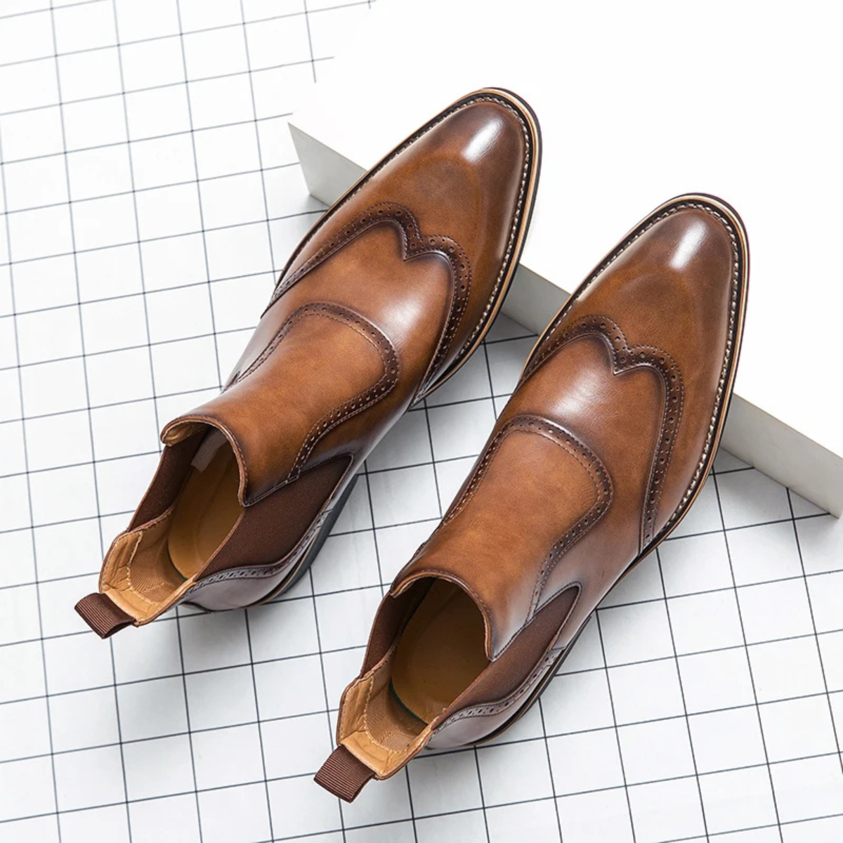Axel | Men's Brogue Chelsea Dress Boots Brown Leather