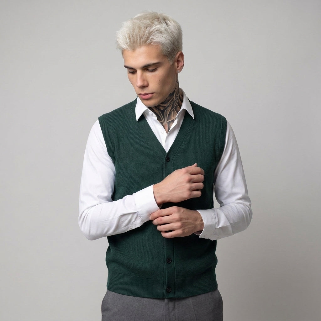 Dama Washington Beau button up V neck sweater vest Green - model front view