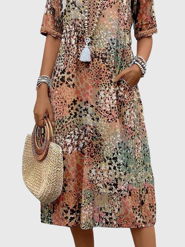 Wren | Women's Floral Midi Dress V Neck Three Quarter Sleeve