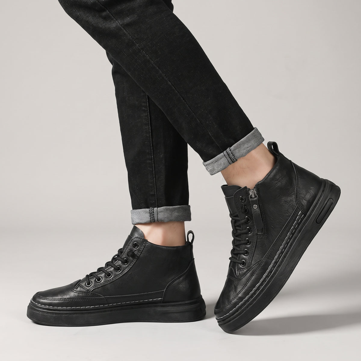 Dama Washington Axel men's black leather high top sneaker side zip - on foot detail