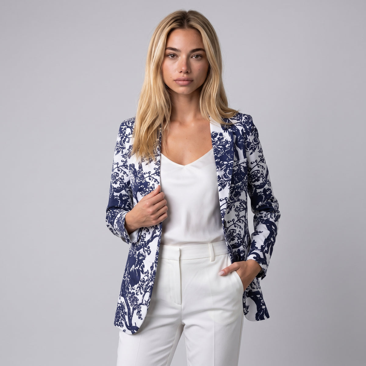 Dama Washington Greta women's floral print blazer navy white long sleeve - model front view