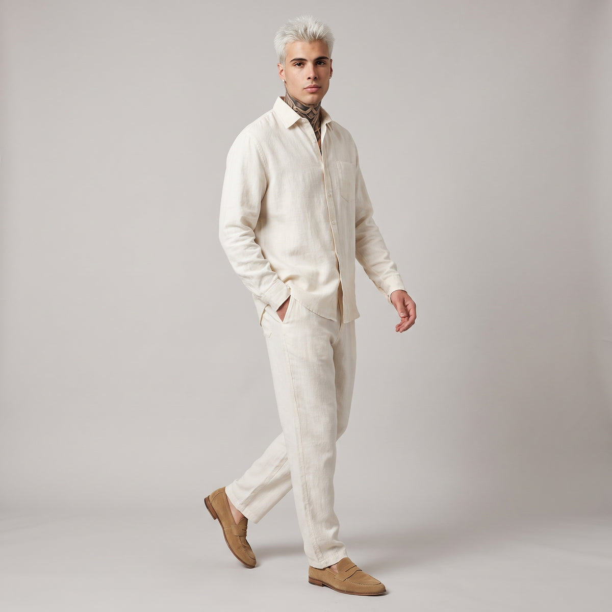 Dama Washington Rowan men's linen set cream oversized shirt pants - model front view