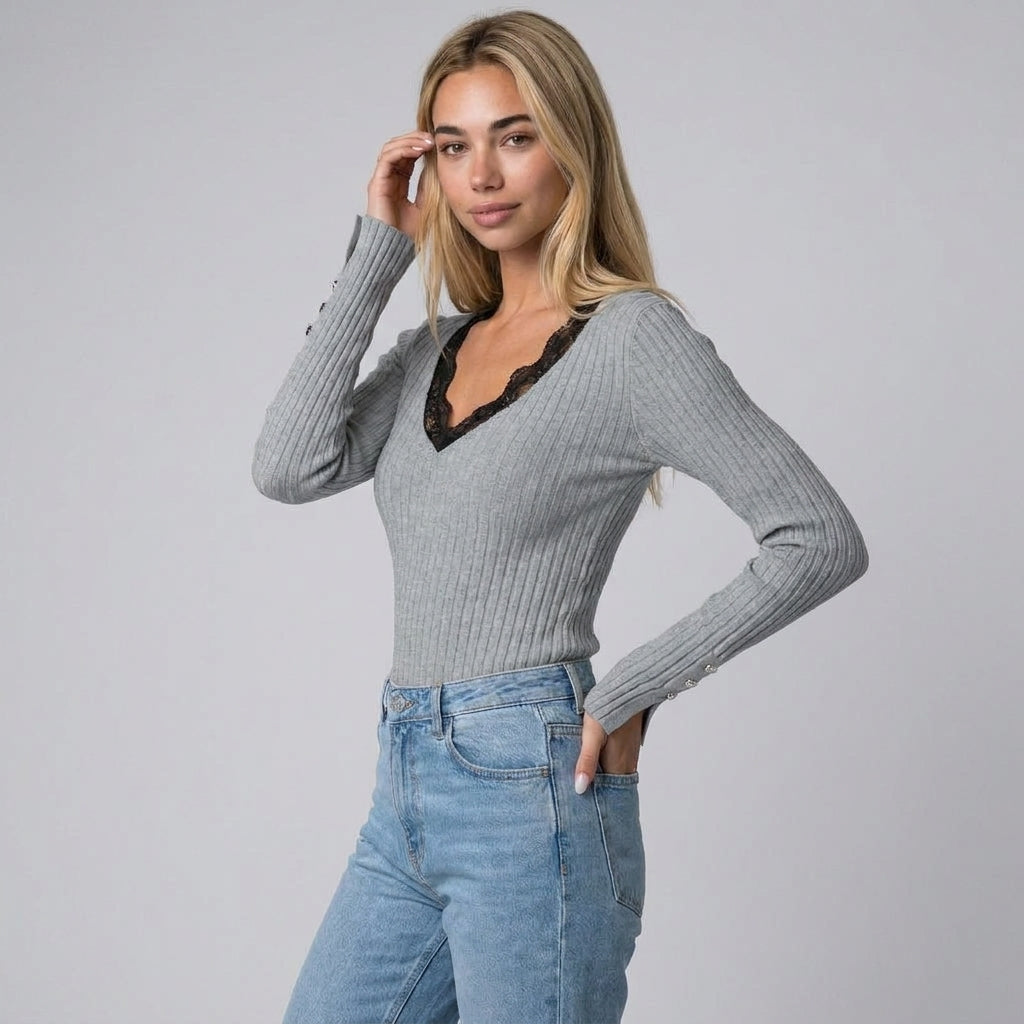 Dama Washington Vera women's ribbed long sleeve top Grey lace v neck - model side view
