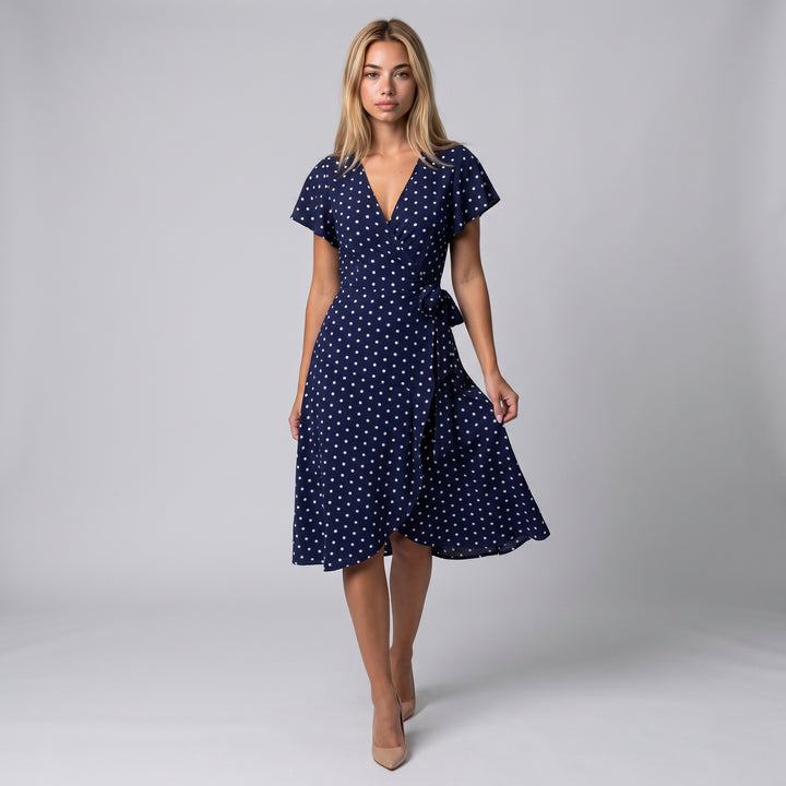 Dama Washington Sable women's polka dot midi dress navy short sleeve - model front view