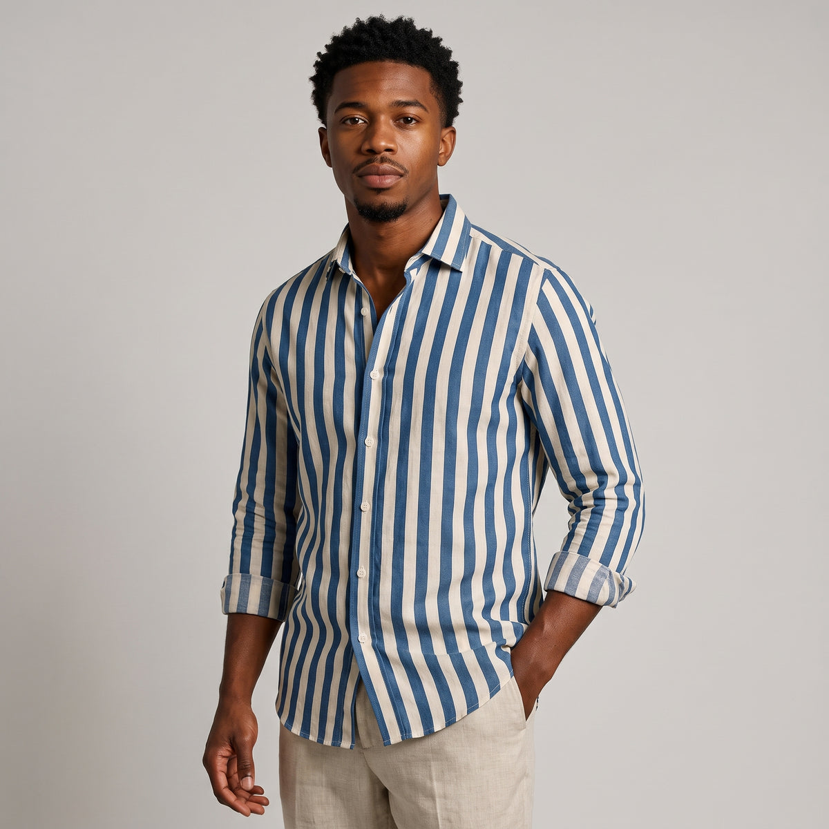 Dama Washington Camille men's striped linen shirt long sleeve blue cream - model front view