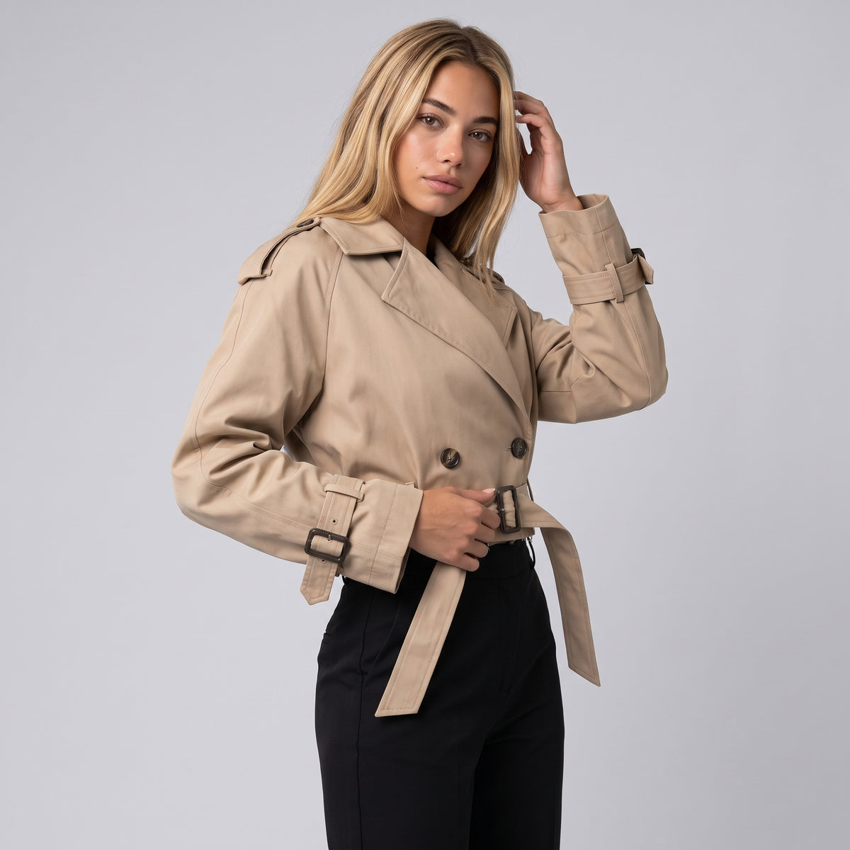 Dama Washington Liesel women's cropped belted coat - model front view